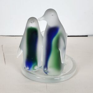 PartyLite Penguin Candle Holder P7196 Frosted Glass Votive Blue Green 5in